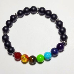 Natural Black Matte Onyx Agate and Chakra Crystal Beaded Bracelet 7 1/2"
